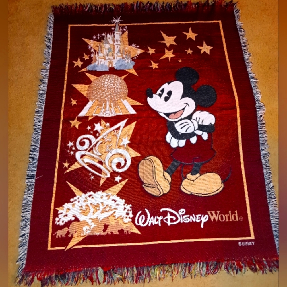 Walt Disney World Mickey Mouse Epcot Afghan Fringed 48”x60” Throw Blanket